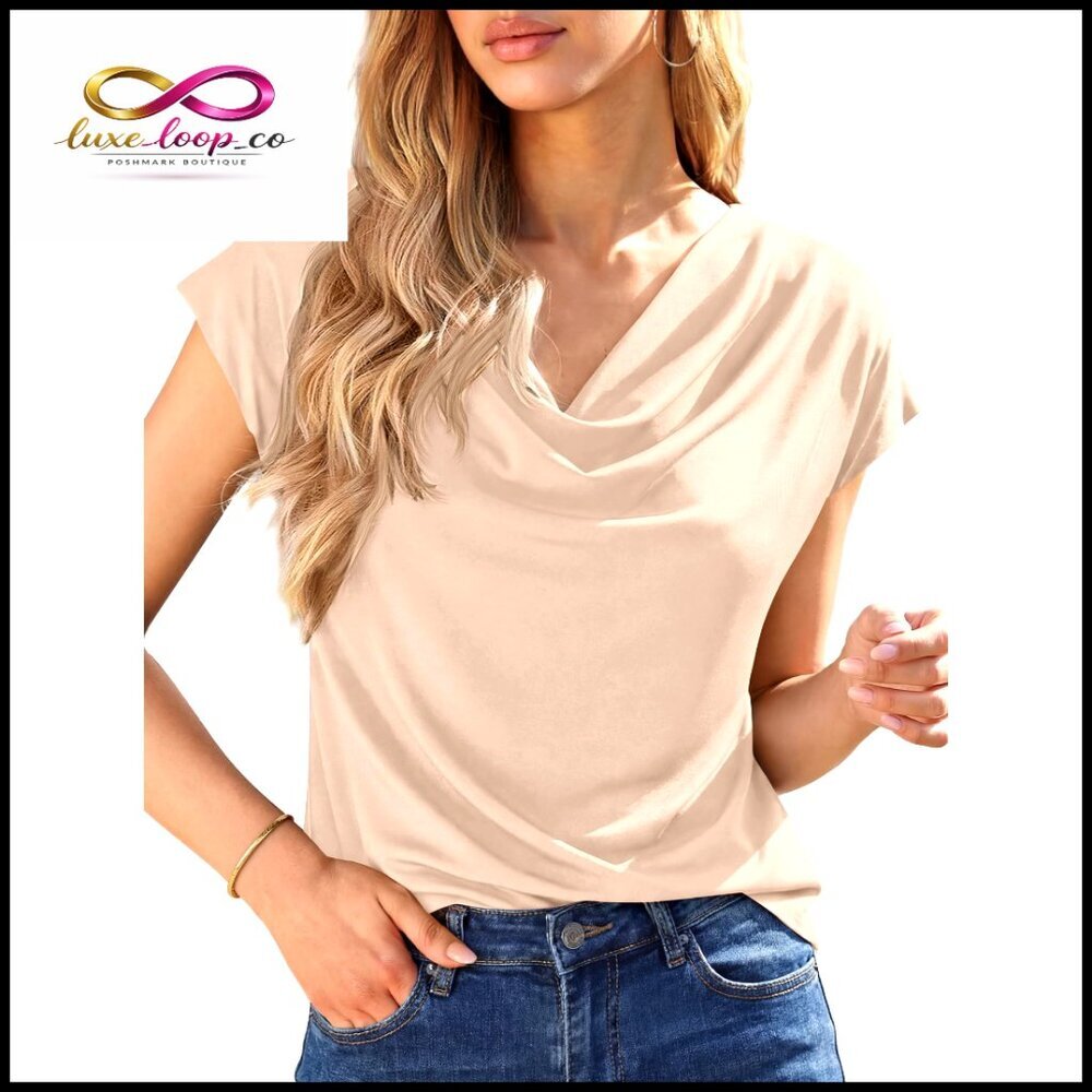 Cowl Neck Cap Sleeve Blouse, Viscose Blend, Business Casual Top